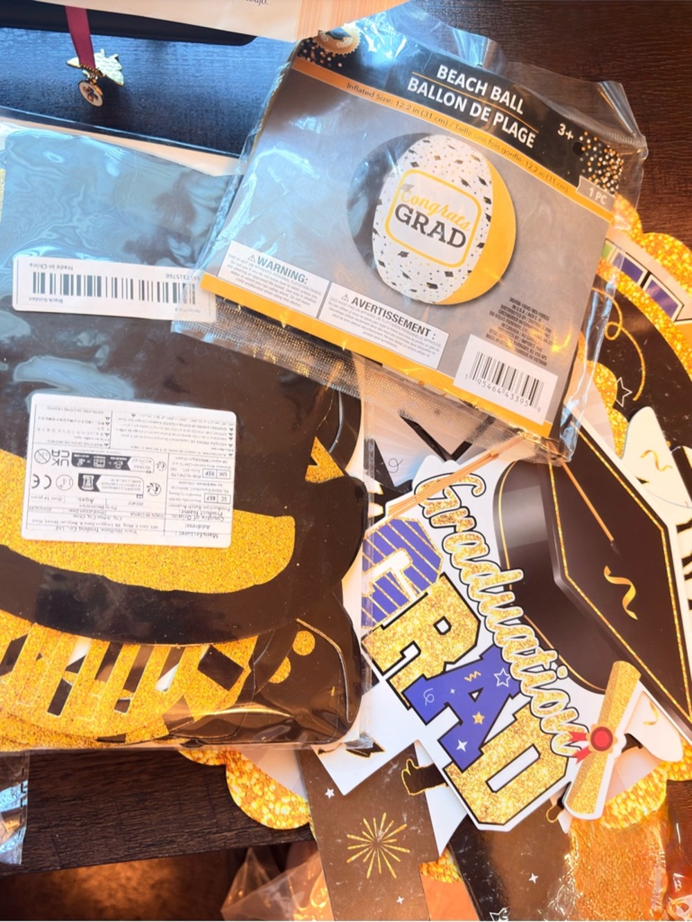 Graduation Party Decor Set - Black & Gold Beach Ball and Accents